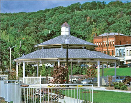 40' x 40' Laminated Wood Santa Fe Octagon Double Roof Pavilion Shown w/Asphalt Shingles, Cupola, 6 Railing Sections, and Paint Provided by Customer