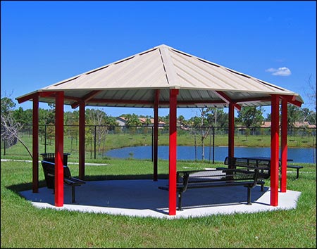 24' x 24' All Steel Santa Fe Octagon Pavilion Shown w/Powder Coated Steel Frame, Table and Benches Not Included