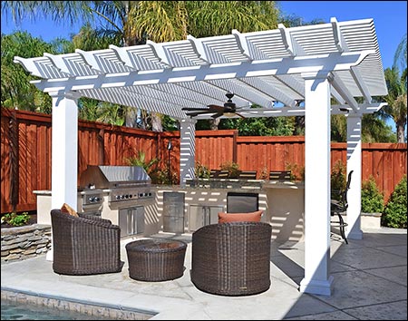 16" x 16" Fiberglass Vintage Classic Pergola shown with 3" Top Runner Spacing and Customer Supplied Fan and Furniture.