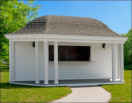 12' x 24' SmartSide Elongated Hexagon Belle Poolside Pool House with Charcoal Gray Shingles, shown with Bar Counter up and Concession Windows removed, with customer's lighting