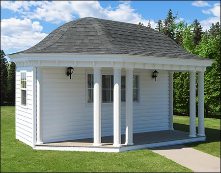 10' x 24' Pine Elongated Hexagon Pool House with Charcoal Gray Shingles, optional 30" x 36" Vinyl Double Hung Window, shown with customer-supplied lighting fixtures.