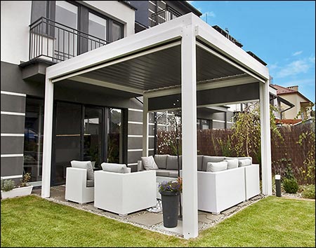 Aluminum Louvered Pergola shown with retracted Sun Shades.