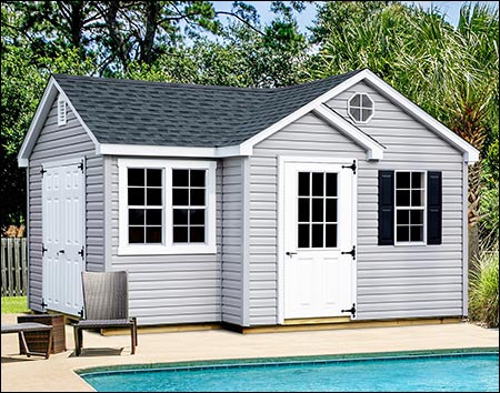 10' x 16' Vinyl Siding Manor Style Shed shown with Gray Double Dutch Lap Siding and White Trim