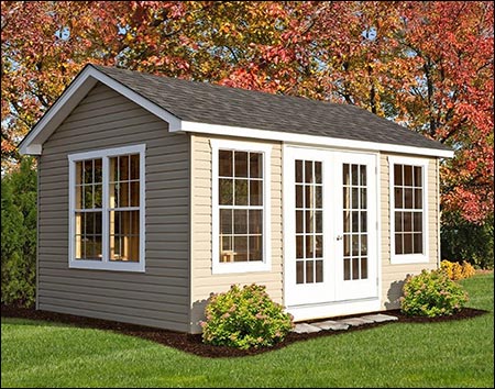 12' x 20' Rectangular Vinyl Sunroom shown with Ivory Vinyl Siding, Rustic Redwood Asphalt Shingles, Optional Gable Roof, Glass Double Door, 30" x 54" Windows, and Custom Double Windows (instead of 2 individual windows) on both short sides of the Sunroom.